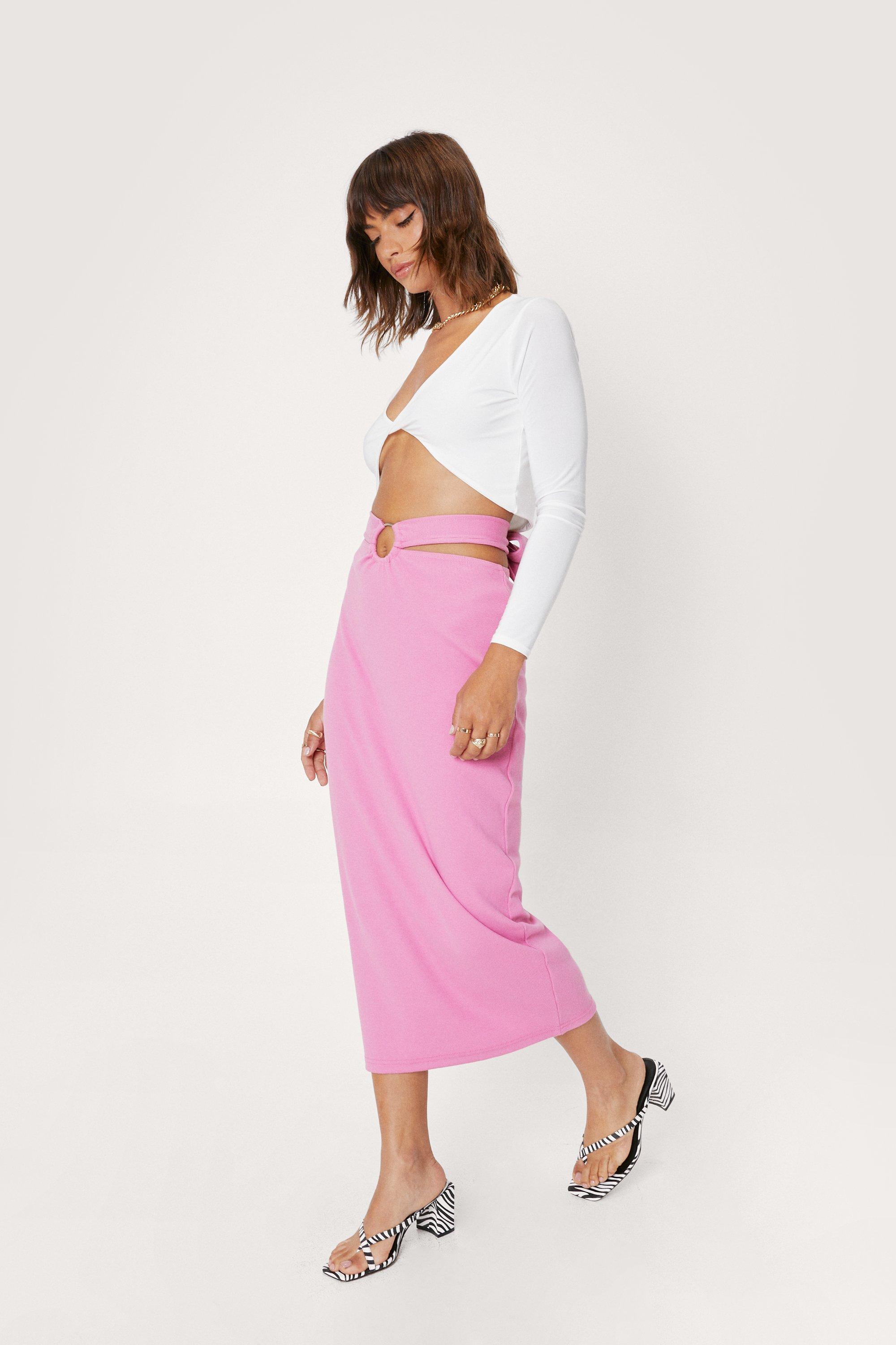 Ribbed O Ring Detail Cut Out Midi Skirt